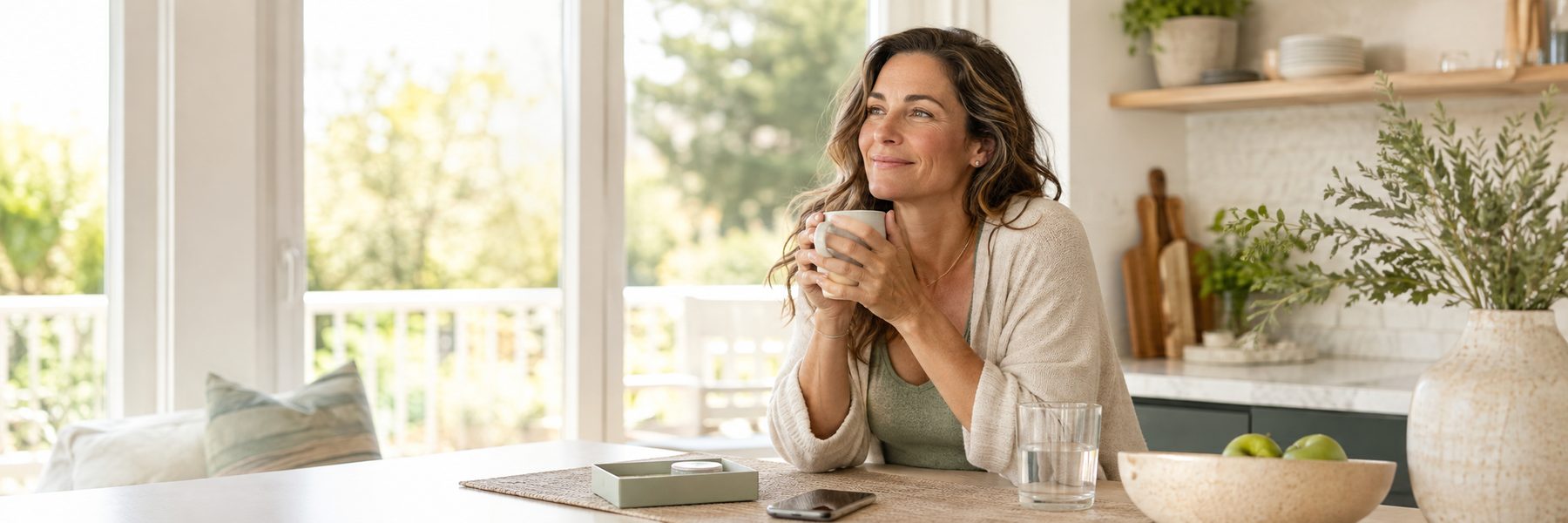A woman enjoying a quiet morning with a cup of coffee at her kitchen table